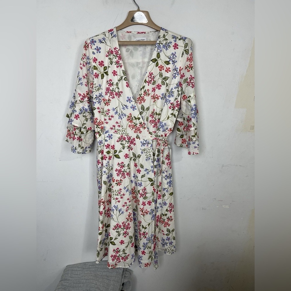 Calvin Klein Floral Long Sleeve Dress - White, Red, Blue, Green